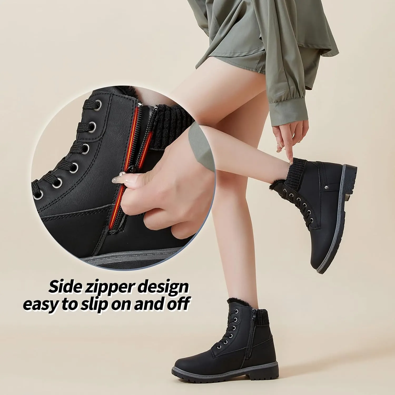 POVOGER Women's Black/White Ankle Bootie Winter Boots with Side Zipper