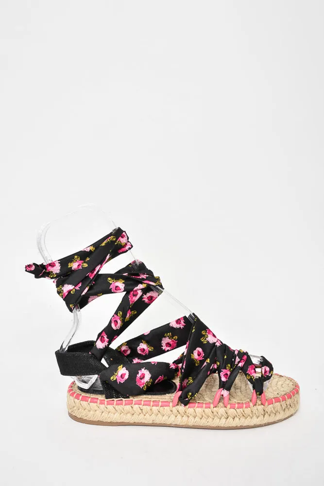 Prada Black/Pink Floral Satin Tie Up Espadrille Sandals Size 37.5