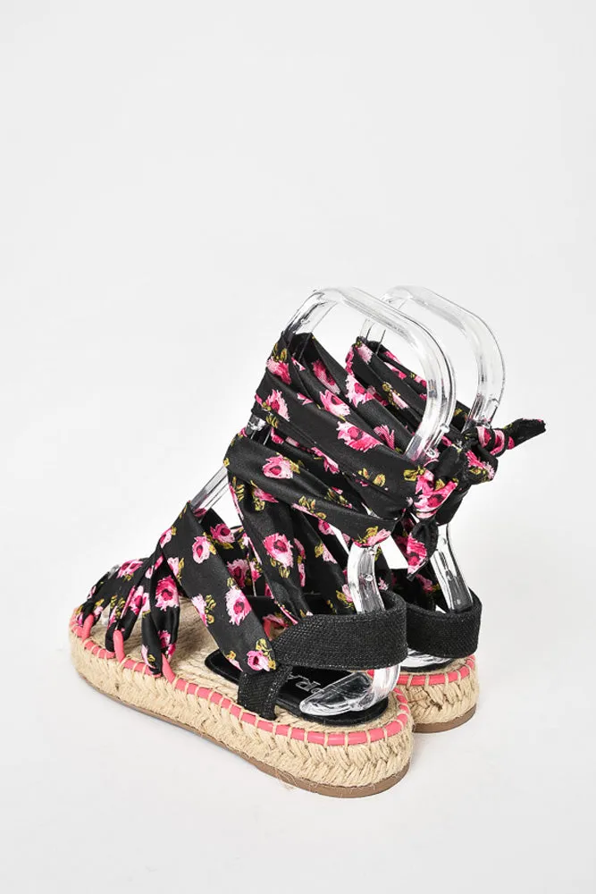 Prada Black/Pink Floral Satin Tie Up Espadrille Sandals Size 37.5