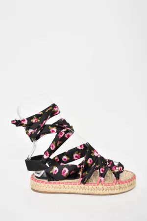 Prada Black/Pink Floral Satin Tie Up Espadrille Sandals Size 37.5