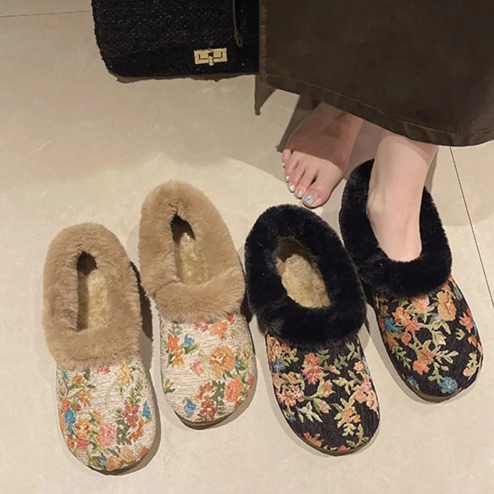 Premium Comfort Thermal Colorful Flowers Knitting Non Slip Women's Fuzzy House Slippers Indoor Outdoor Warm Home Shoes