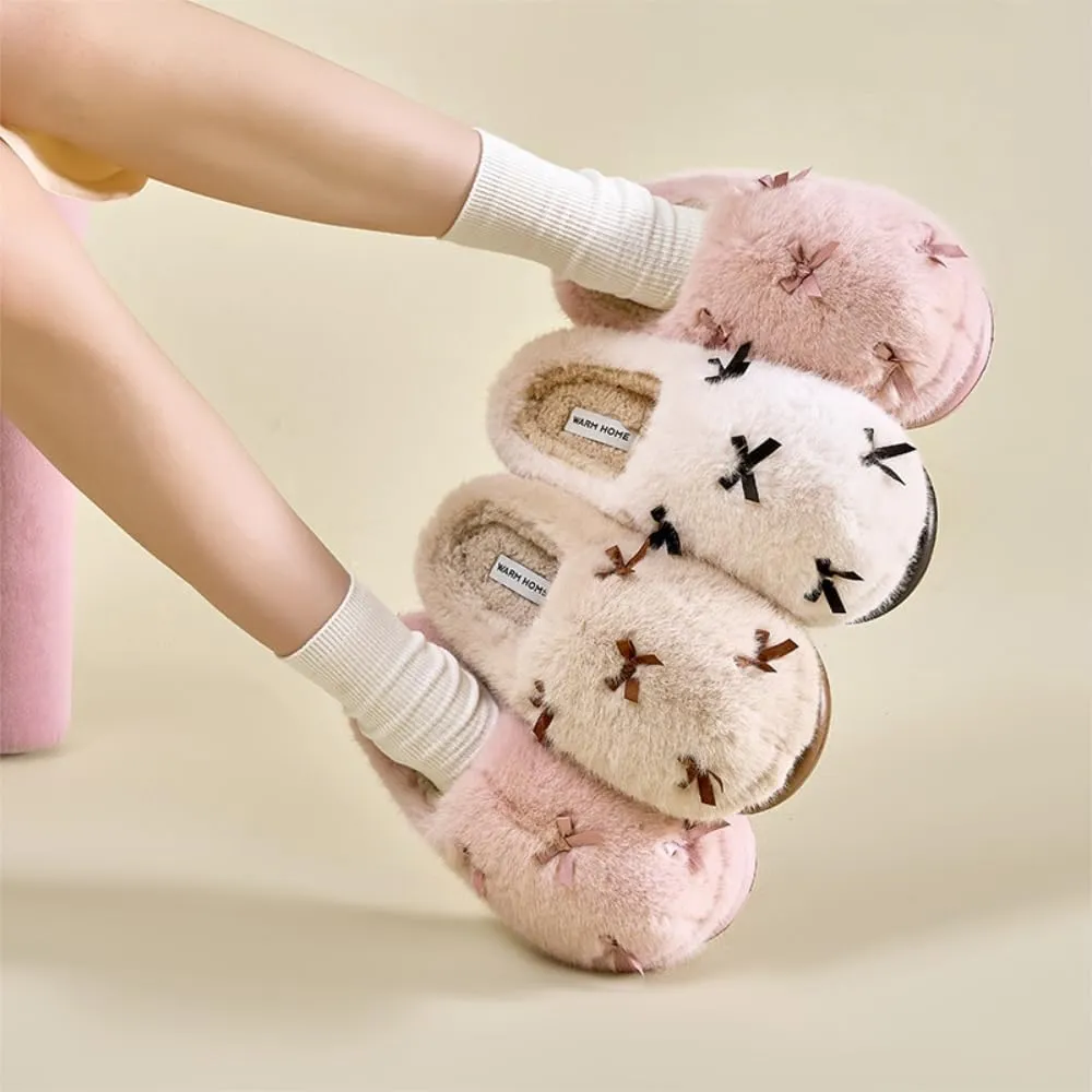 Premium Comfort Thermal Cute Small Bows Fleece Non Slip Women's Fuzzy House Slippers Indoor Soft Warm Kawaii Home Shoes