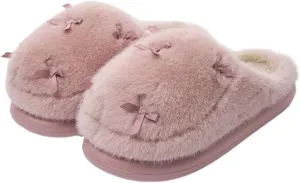 Premium Comfort Thermal Cute Small Bows Fleece Non Slip Women's Fuzzy House Slippers Indoor Soft Warm Kawaii Home Shoes