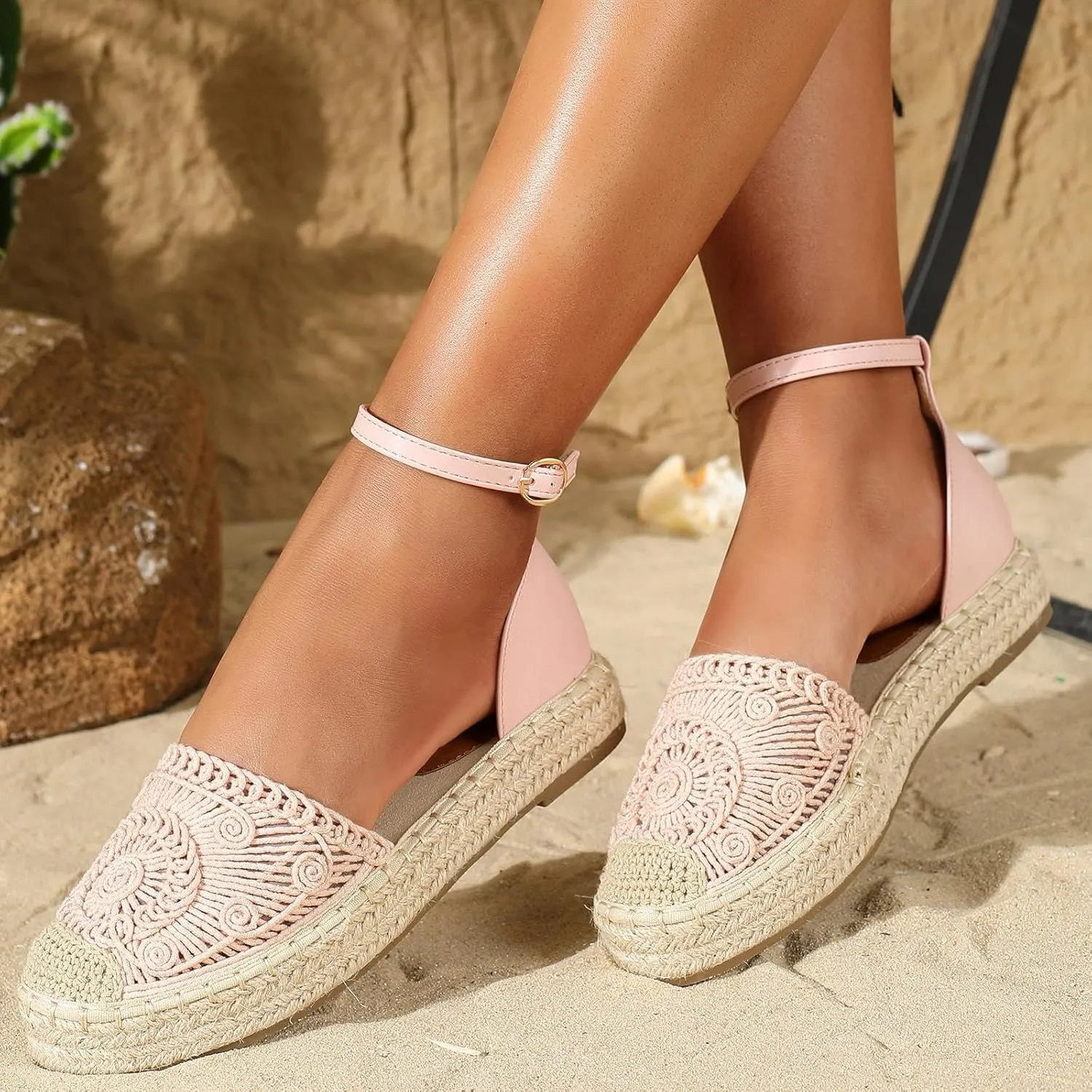 Putu Women's Closed Toe Sandals Ankle Strap Espadrille Platform Sandals Hollow Out Flat Shoes