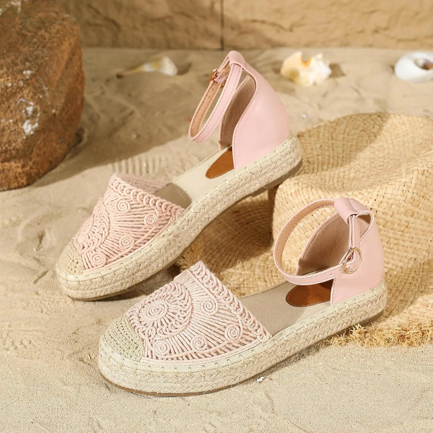 Putu Women's Closed Toe Sandals Ankle Strap Espadrille Platform Sandals Hollow Out Flat Shoes
