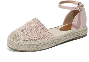 Putu Women's Closed Toe Sandals Ankle Strap Espadrille Platform Sandals Hollow Out Flat Shoes