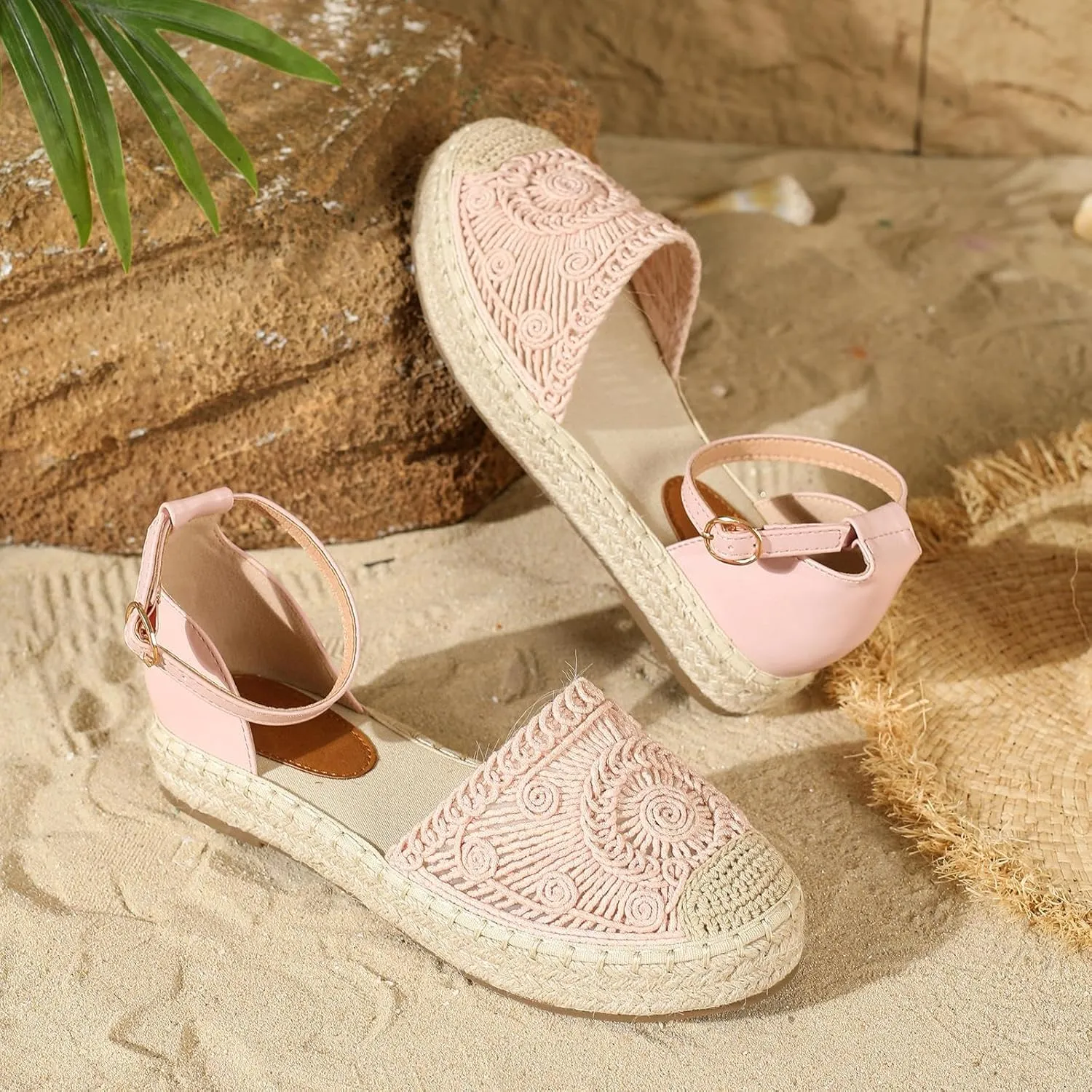 Putu Women's Closed Toe Sandals Ankle Strap Espadrille Platform Sandals Hollow Out Flat Shoes