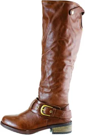Qupid Women's Casual Knee High Stacked Heel Buckle Riding Combat Boots