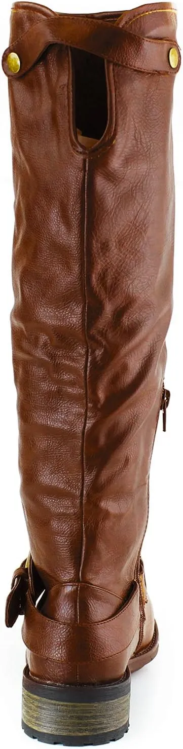 Qupid Women's Casual Knee High Stacked Heel Buckle Riding Combat Boots