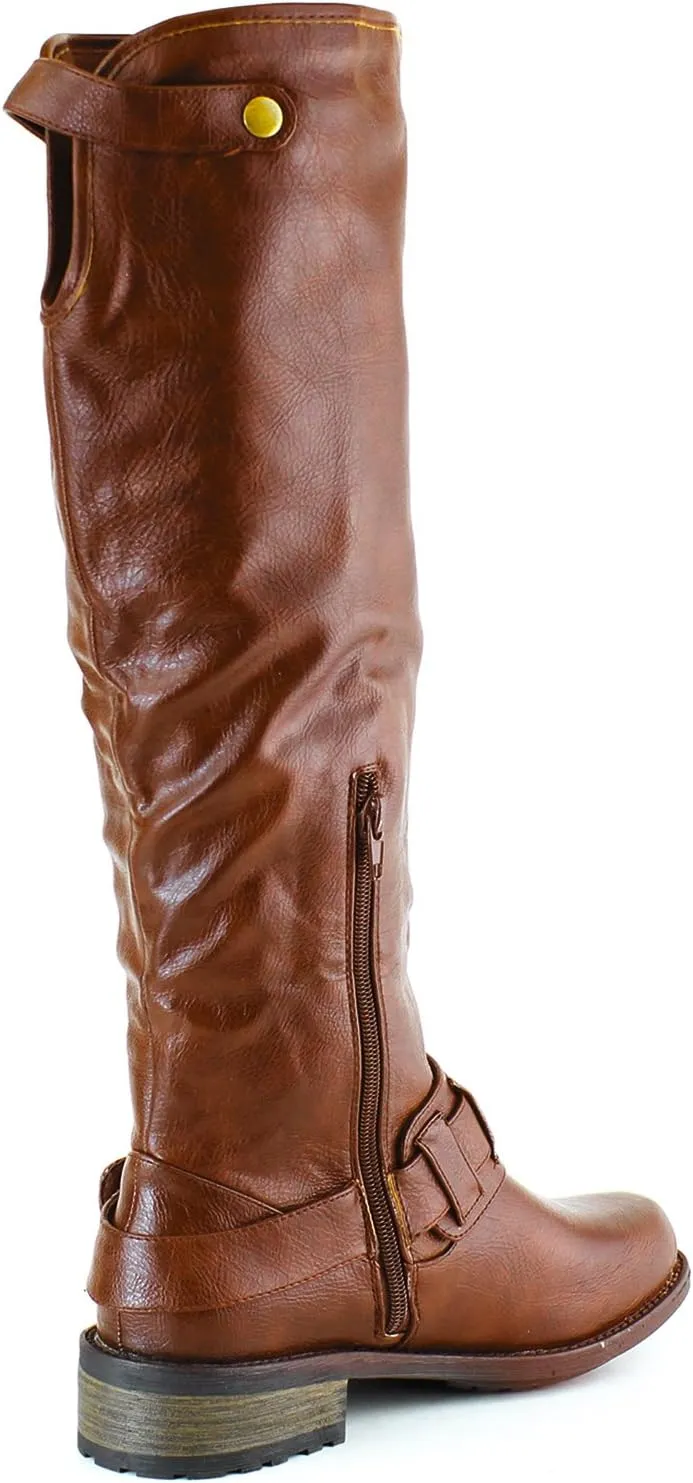 Qupid Women's Casual Knee High Stacked Heel Buckle Riding Combat Boots