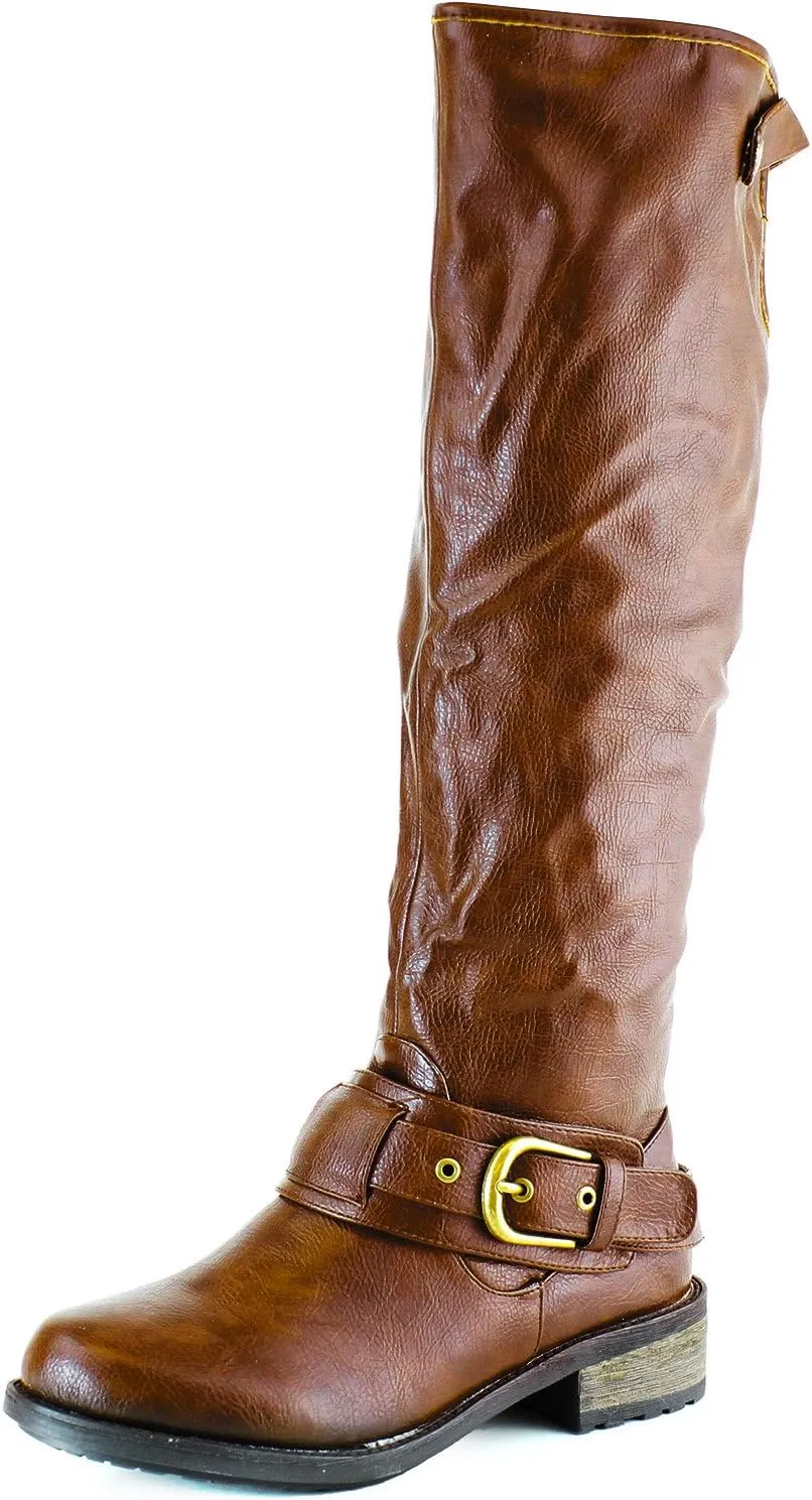 Qupid Women's Casual Knee High Stacked Heel Buckle Riding Combat Boots
