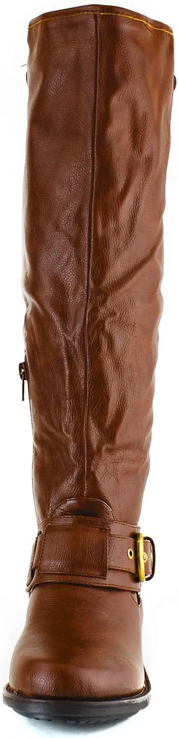 Qupid Women's Casual Knee High Stacked Heel Buckle Riding Combat Boots