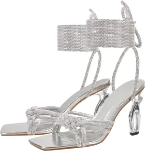 richealnini Rhinestones Straps Sandals Square Toe Lace Up Strappy Heels Gladiator Wedding Dress