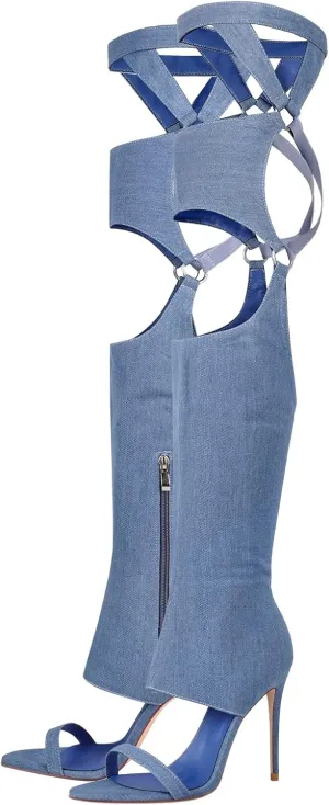 richealnini Sexy Stiletto Heels Long Shaft Denim Sandals for Women Zip Up Pants Nightclub Dance Dress