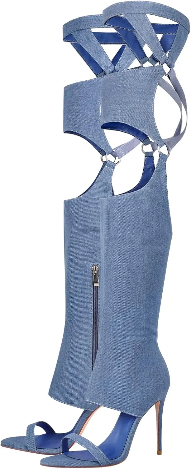 richealnini Sexy Stiletto Heels Long Shaft Denim Sandals for Women Zip Up Pants Nightclub Dance Dress