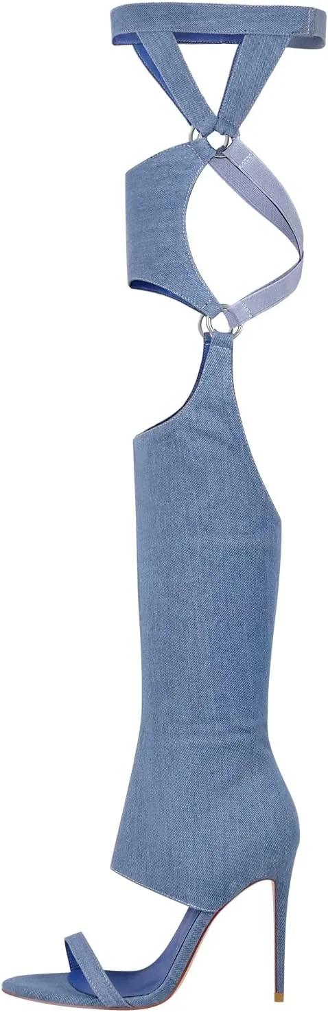 richealnini Sexy Stiletto Heels Long Shaft Denim Sandals for Women Zip Up Pants Nightclub Dance Dress