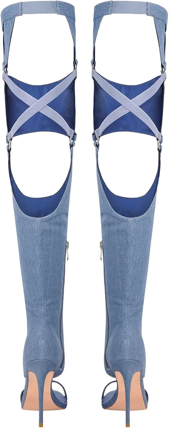 richealnini Sexy Stiletto Heels Long Shaft Denim Sandals for Women Zip Up Pants Nightclub Dance Dress