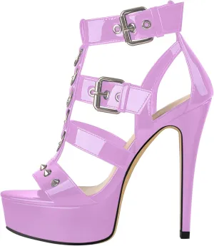richealnini Women's Low Heel Platform Sandals Buckle Up Gladiator Crisscross T-Strap Stiletto Heel Party Dress