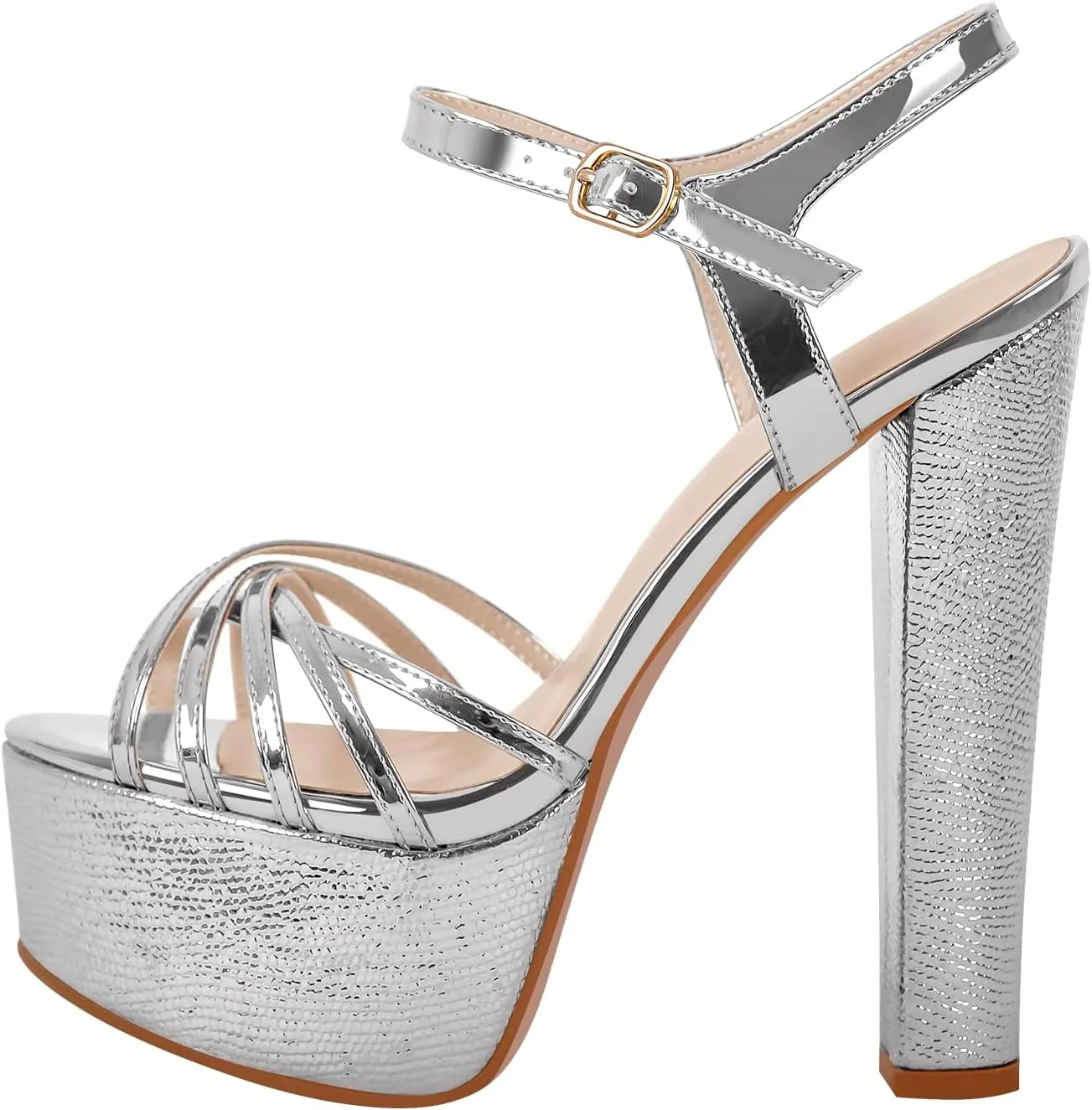 richealnini Women's Metalllic Sandals Platform High Heel Sparkly Crisscross Block Heels Buckle Up Party Shoes