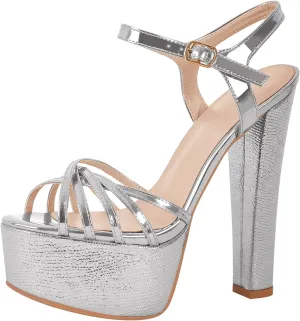 richealnini Women's Metalllic Sandals Platform High Heel Sparkly Crisscross Block Heels Buckle Up Party Shoes