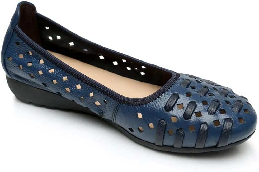 rismart Women's Hollow Comfort Slip On Leather Ballets Flats Shoes