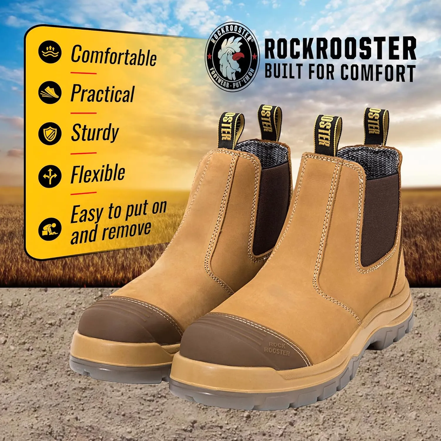 ROCKROOSTER Mens Work Boots, 6 inch Steel Toe, Pull On Safety Leather Chelsea Work Shoes Static Dissipative(AK227, AK222)