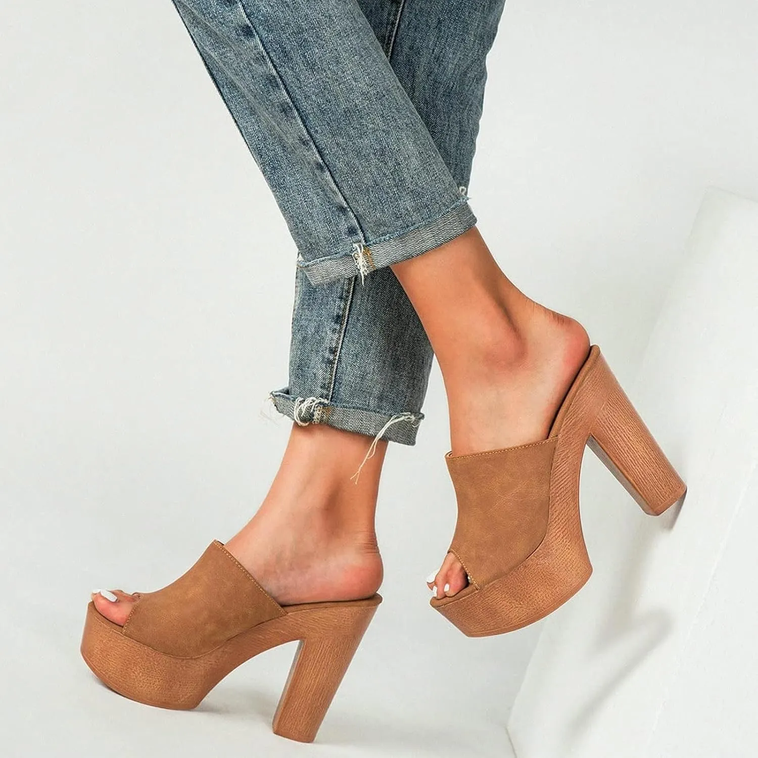 SACFOF Womens Cork Wedge Slide Sandals Heels Peep Toe High Heel Platform Slingback Summer Dressy Slippers Shoes