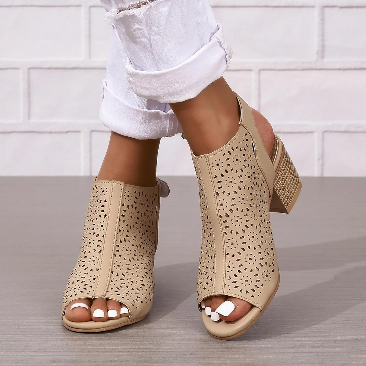 SACFOF Women's Cut Out Peep Toe Slingback Chunky Stacked Heel Ankle Booties Ankle Strap Low Heel Dress Pumps Sandals