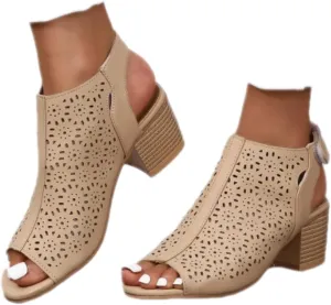 SACFOF Women's Cut Out Peep Toe Slingback Chunky Stacked Heel Ankle Booties Ankle Strap Low Heel Dress Pumps Sandals