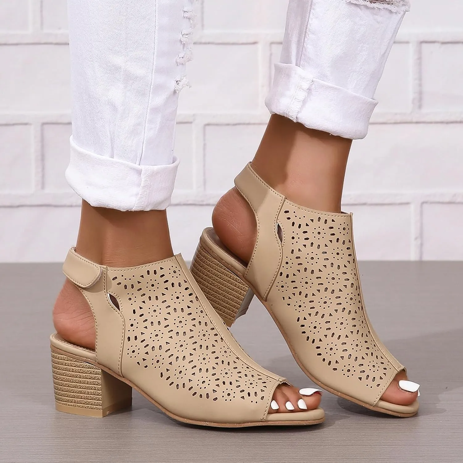SACFOF Women's Cut Out Peep Toe Slingback Chunky Stacked Heel Ankle Booties Ankle Strap Low Heel Dress Pumps Sandals