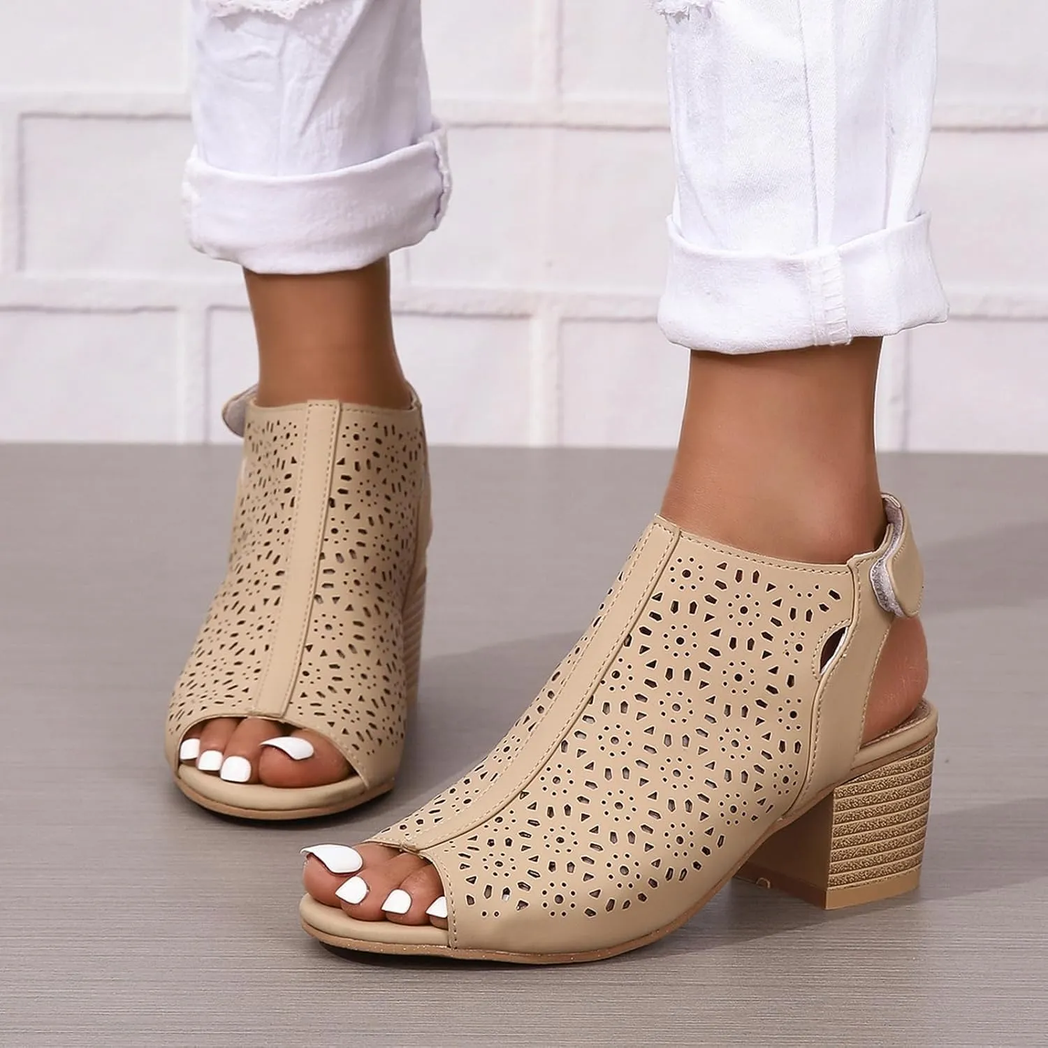 SACFOF Women's Cut Out Peep Toe Slingback Chunky Stacked Heel Ankle Booties Ankle Strap Low Heel Dress Pumps Sandals