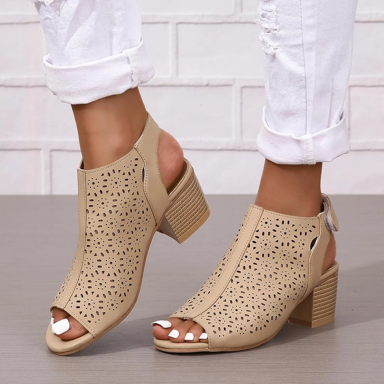 SACFOF Women's Cut Out Peep Toe Slingback Chunky Stacked Heel Ankle Booties Ankle Strap Low Heel Dress Pumps Sandals
