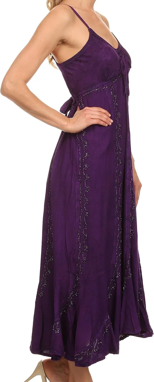 Sakkas Allie Stonewashed Embroidered Adjustable Spaghetti Straps Long Dress