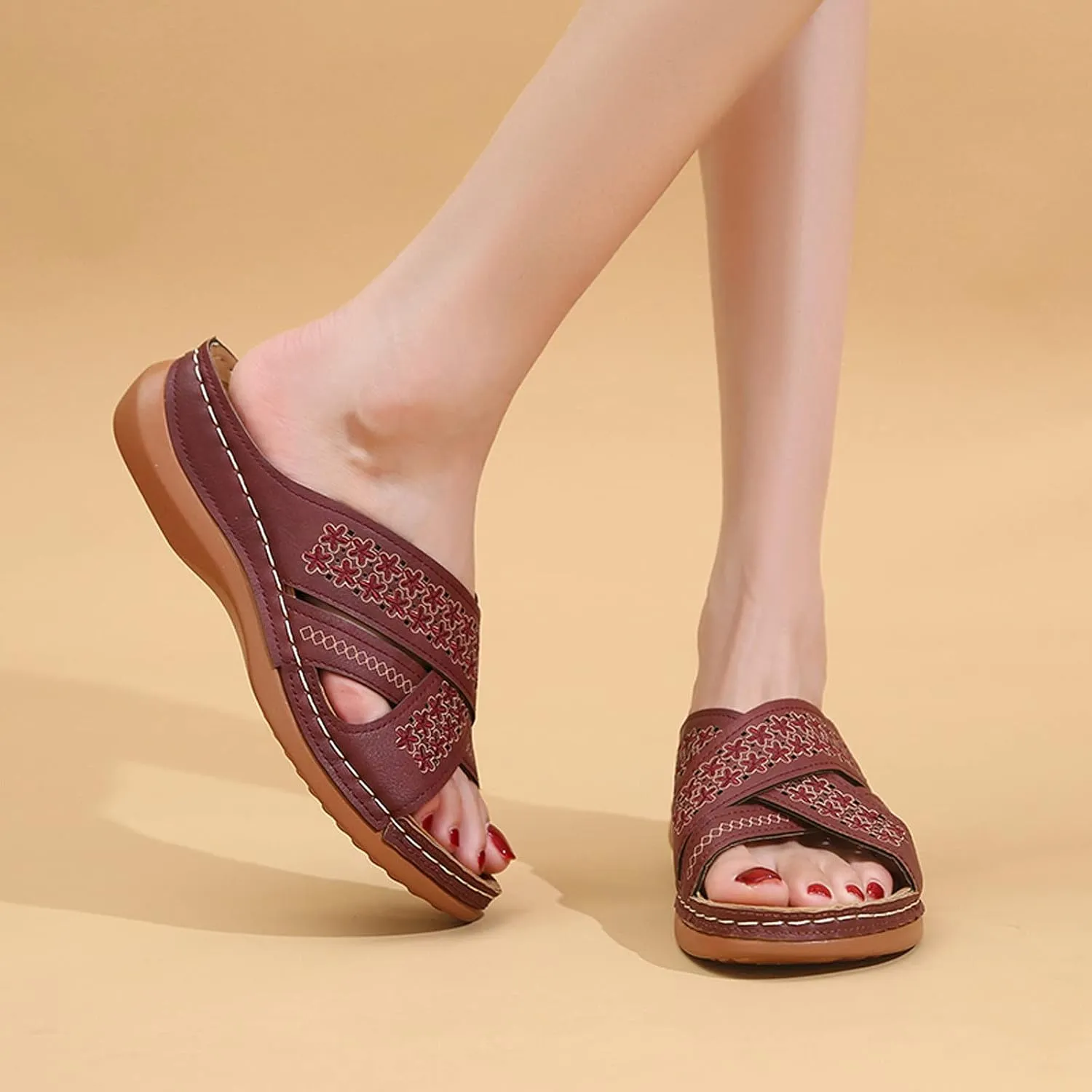 Sandals for Women Casual Summer Solid Color Cross Straps Hollow Out Slope Heel Slipper Fashion Comfortable Wedge Sandals