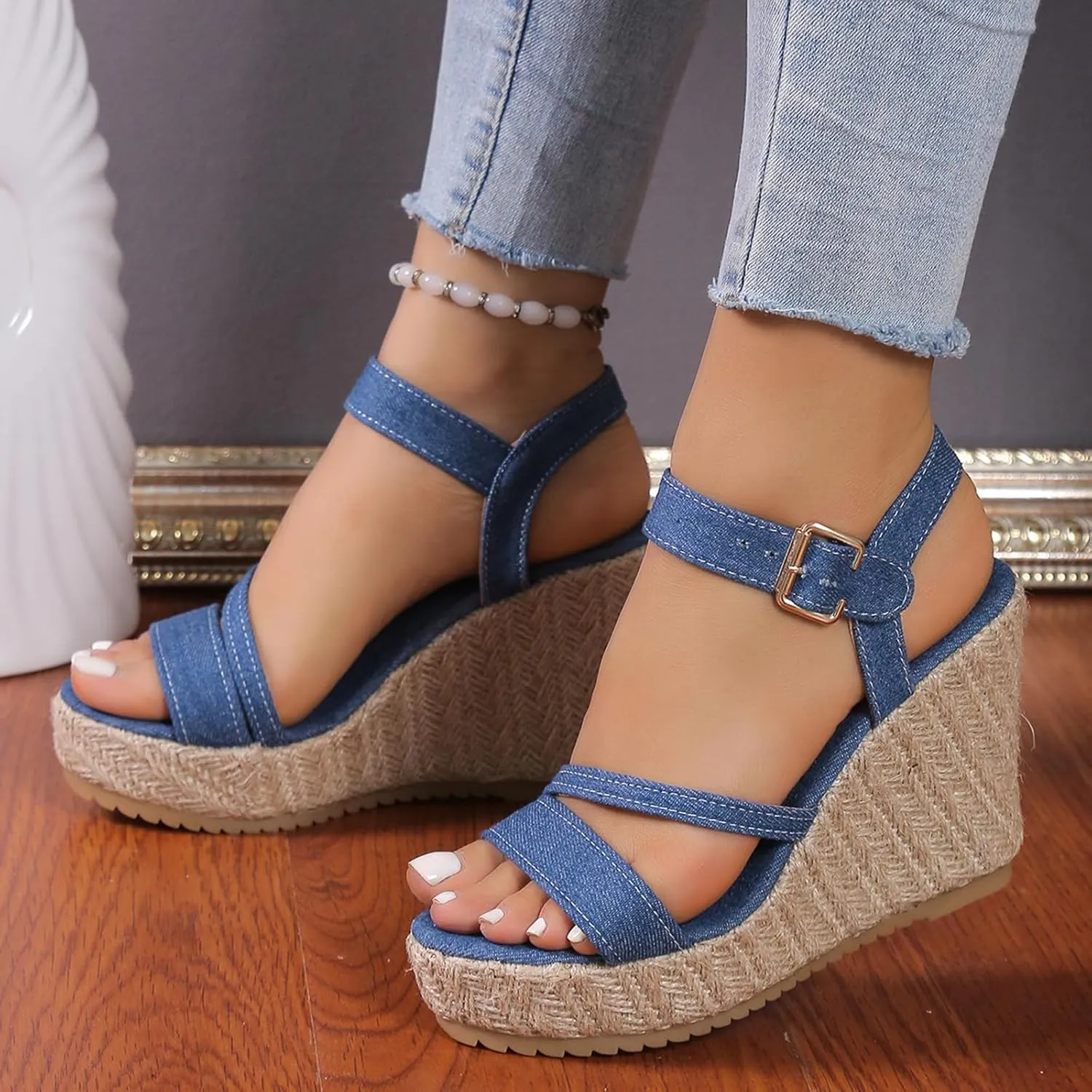 Sandals for Women Platform Ankle Strap Sandals Open Toe Espadrille High Heeled Wedge Sandals Concise Casual Summer Shoes