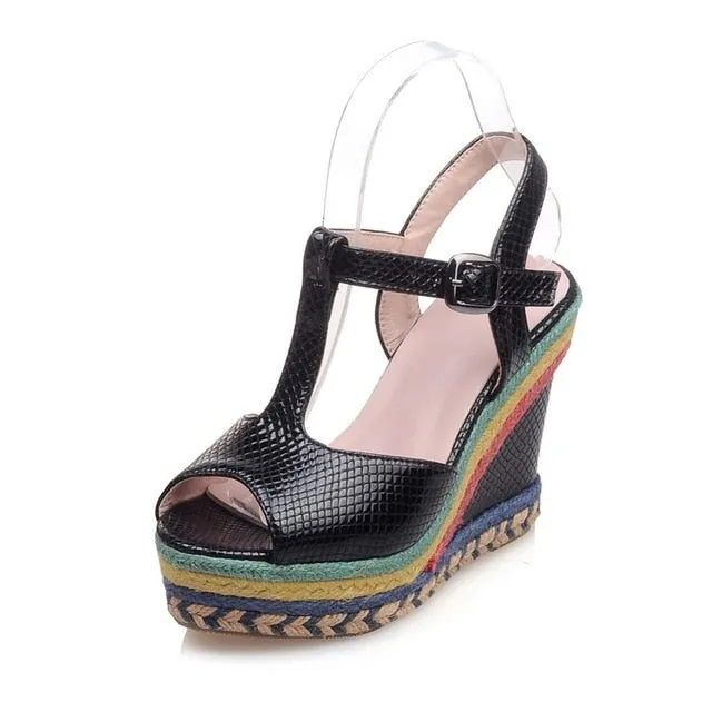 Sandals Slope Heel Peep Toe Black Multicolor Wedges