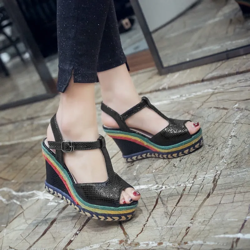 Sandals Slope Heel Peep Toe Black Multicolor Wedges
