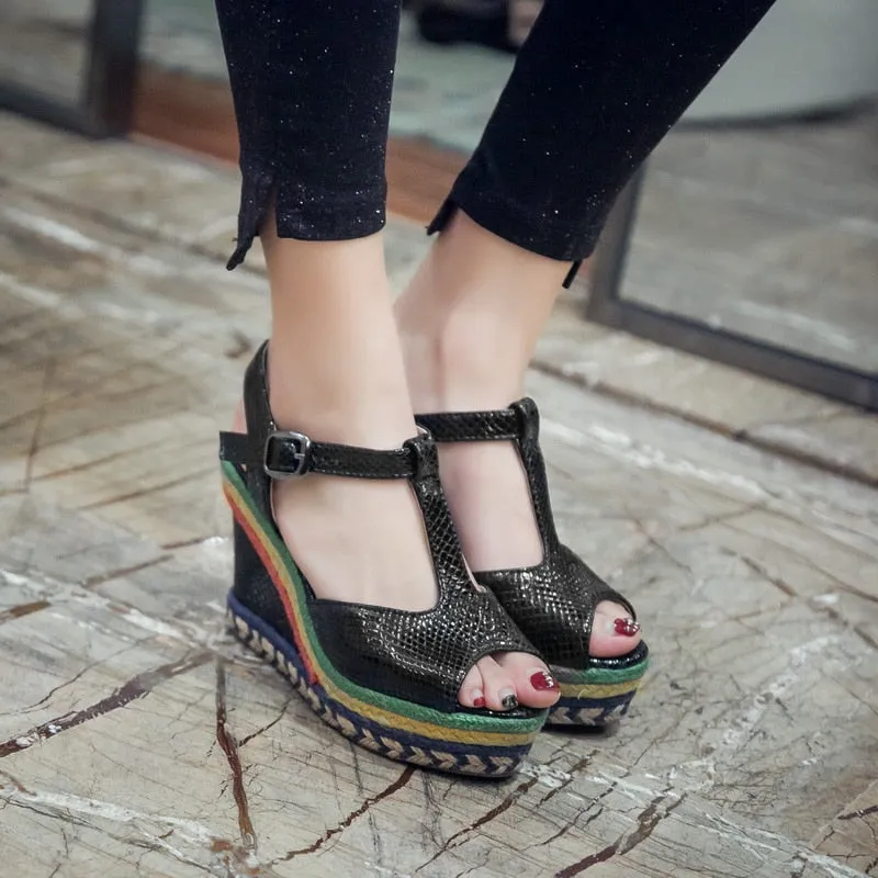 Sandals Slope Heel Peep Toe Black Multicolor Wedges