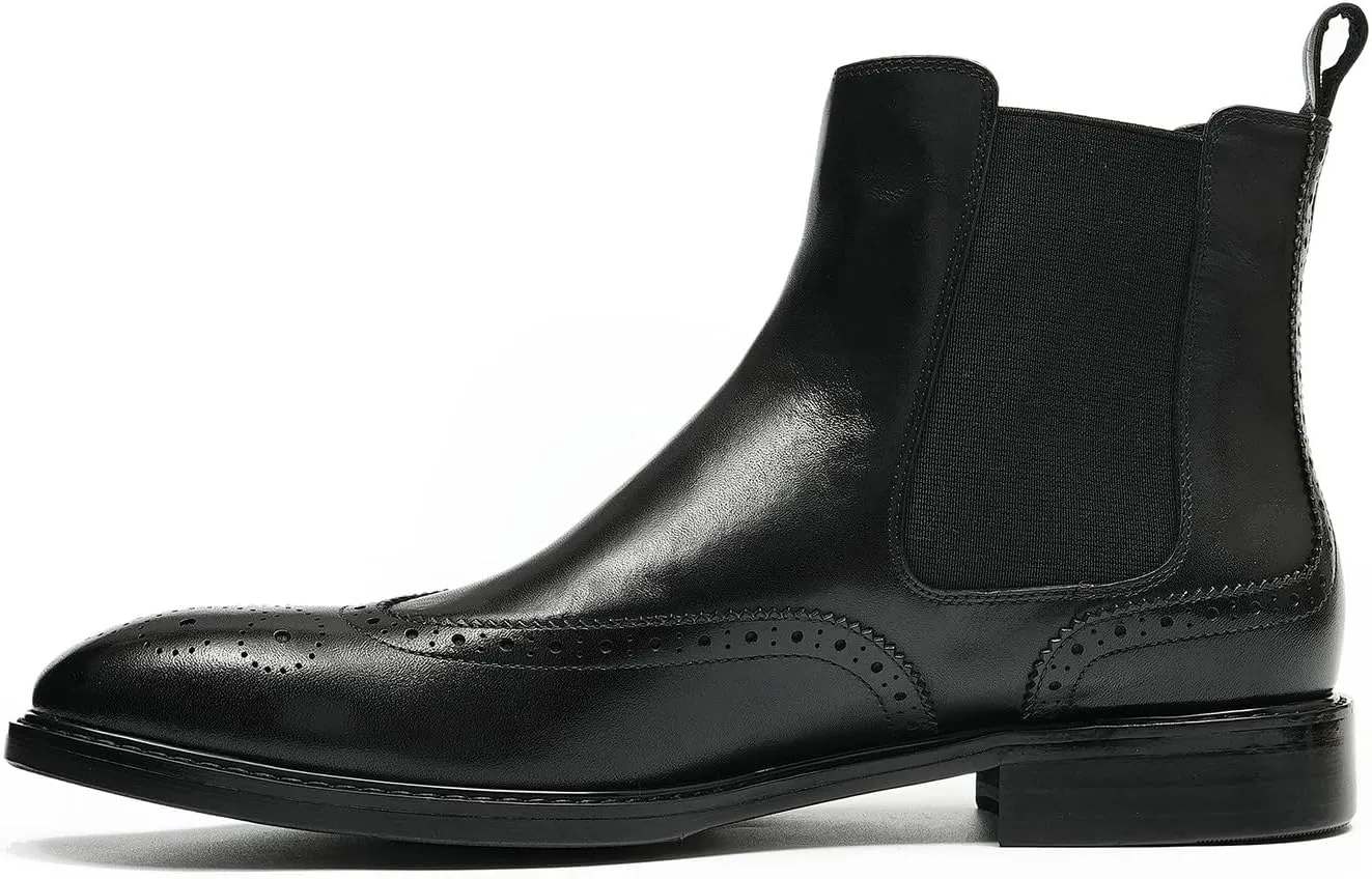 Santimon Chelsea Boots Men Black Dress Leather Wingtips Brogues Boots Fashion Formal Pull On Ankle Dress Boots for Men