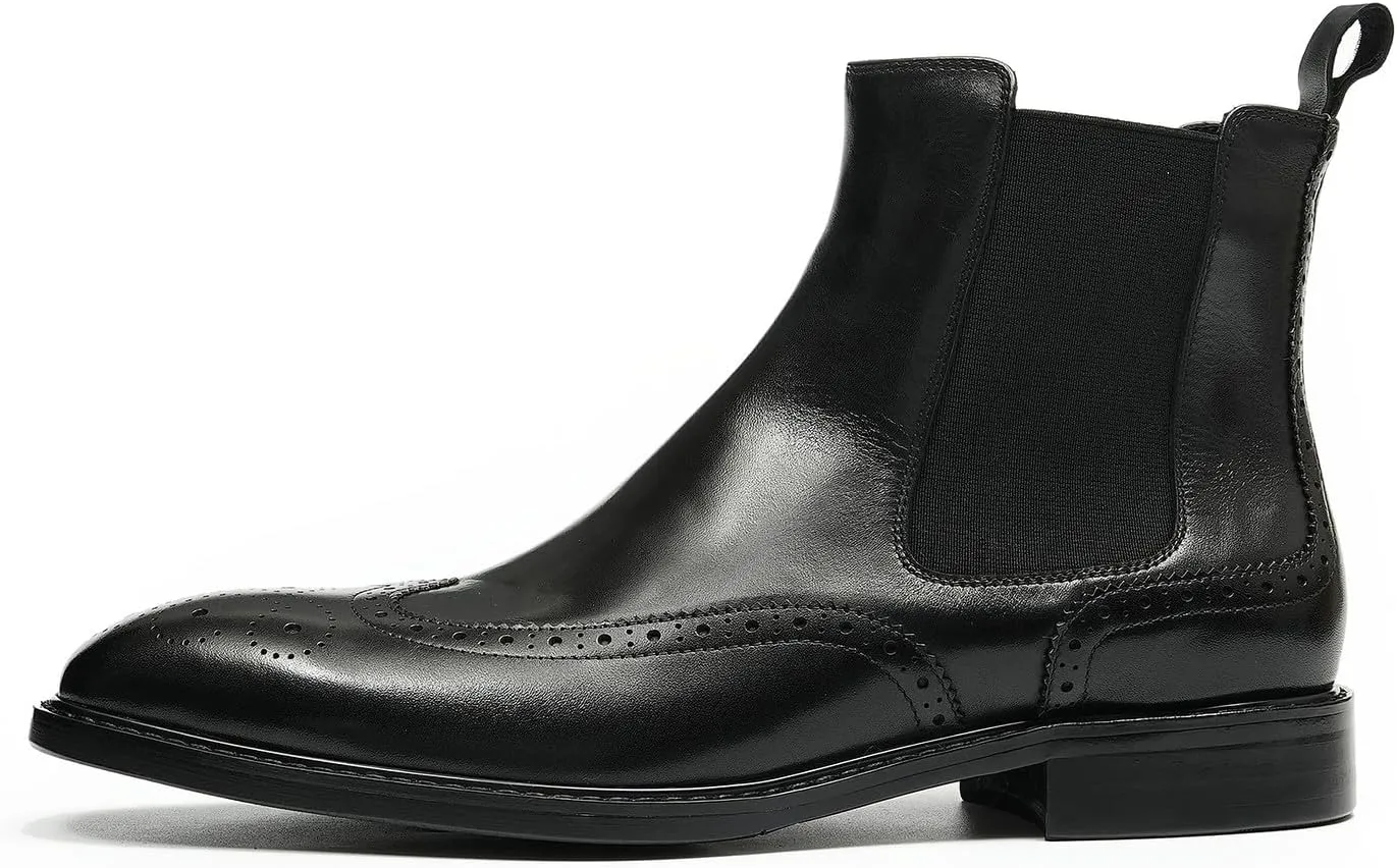 Santimon Chelsea Boots Men Black Dress Leather Wingtips Brogues Boots Fashion Formal Pull On Ankle Dress Boots for Men