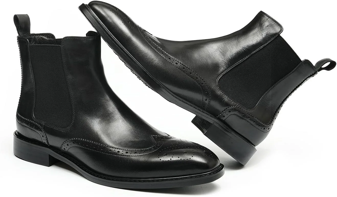 Santimon Chelsea Boots Men Black Dress Leather Wingtips Brogues Boots Fashion Formal Pull On Ankle Dress Boots for Men