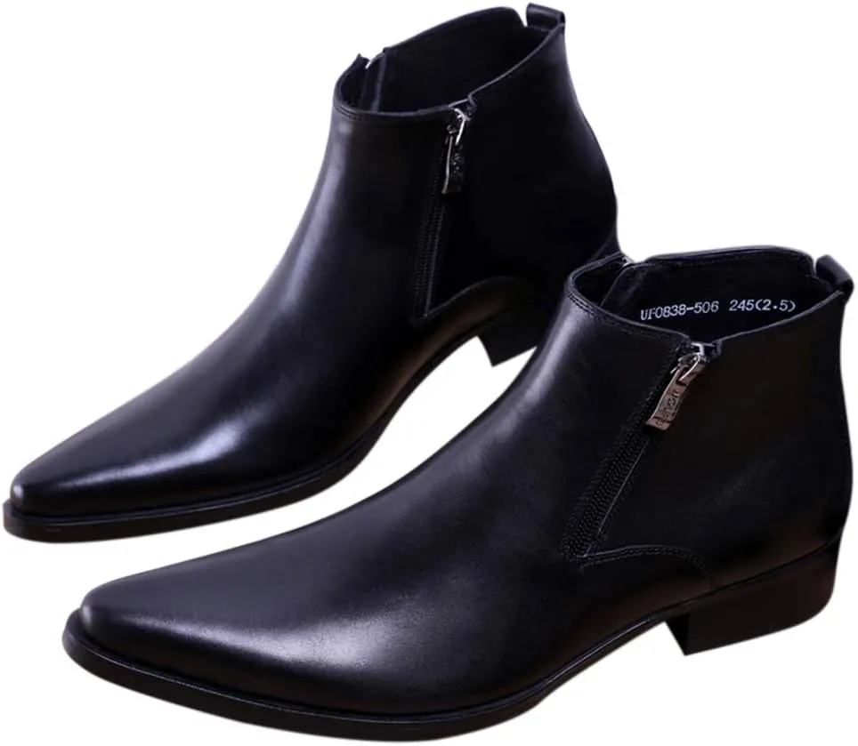 Santimon Men's Ankle Genuine Leather Dress Fashion Zipper Pointed Toe Casual Boots