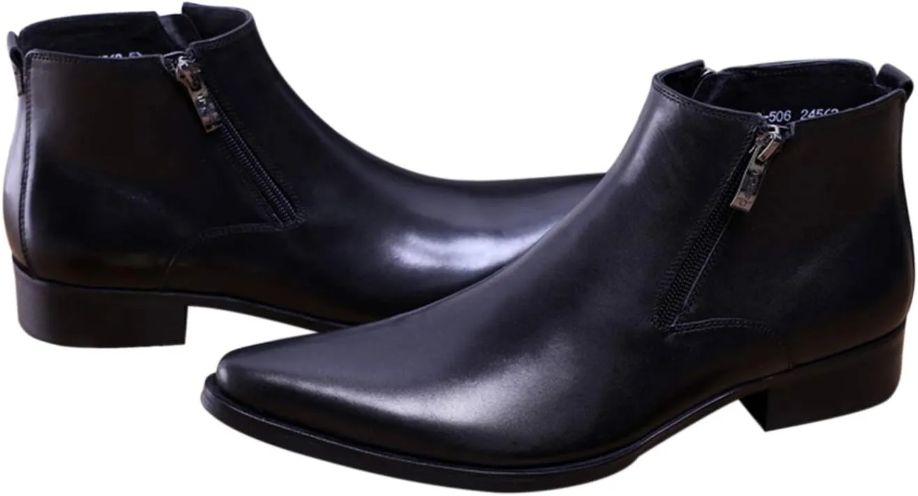 Santimon Men's Ankle Genuine Leather Dress Fashion Zipper Pointed Toe Casual Boots