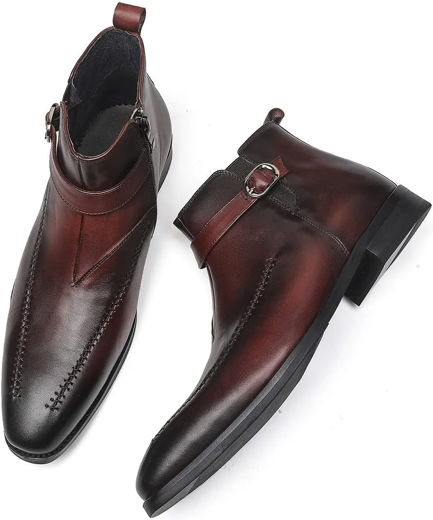 Santimon Men's Chelsea Ankle Dress Leather Buckle Strap Monk Boots Black Brown