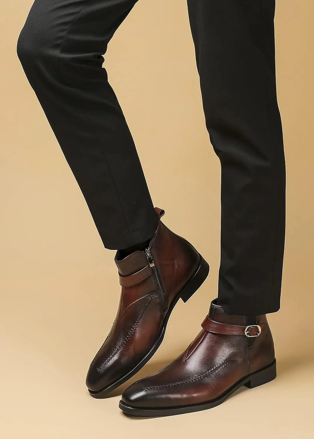 Santimon Men's Chelsea Ankle Dress Leather Buckle Strap Monk Boots Black Brown