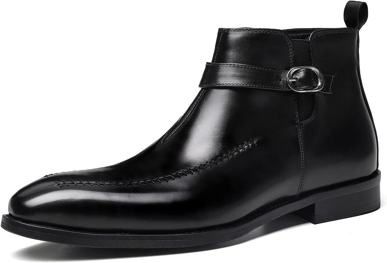 Santimon Men's Chelsea Ankle Dress Leather Buckle Strap Monk Boots Black Brown