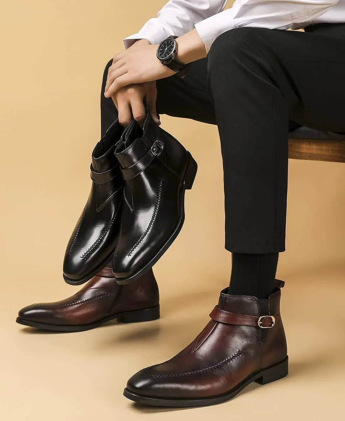 Santimon Men's Chelsea Ankle Dress Leather Buckle Strap Monk Boots Black Brown