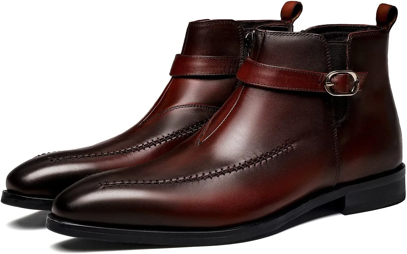 Santimon Men's Chelsea Ankle Dress Leather Buckle Strap Monk Boots Black Brown