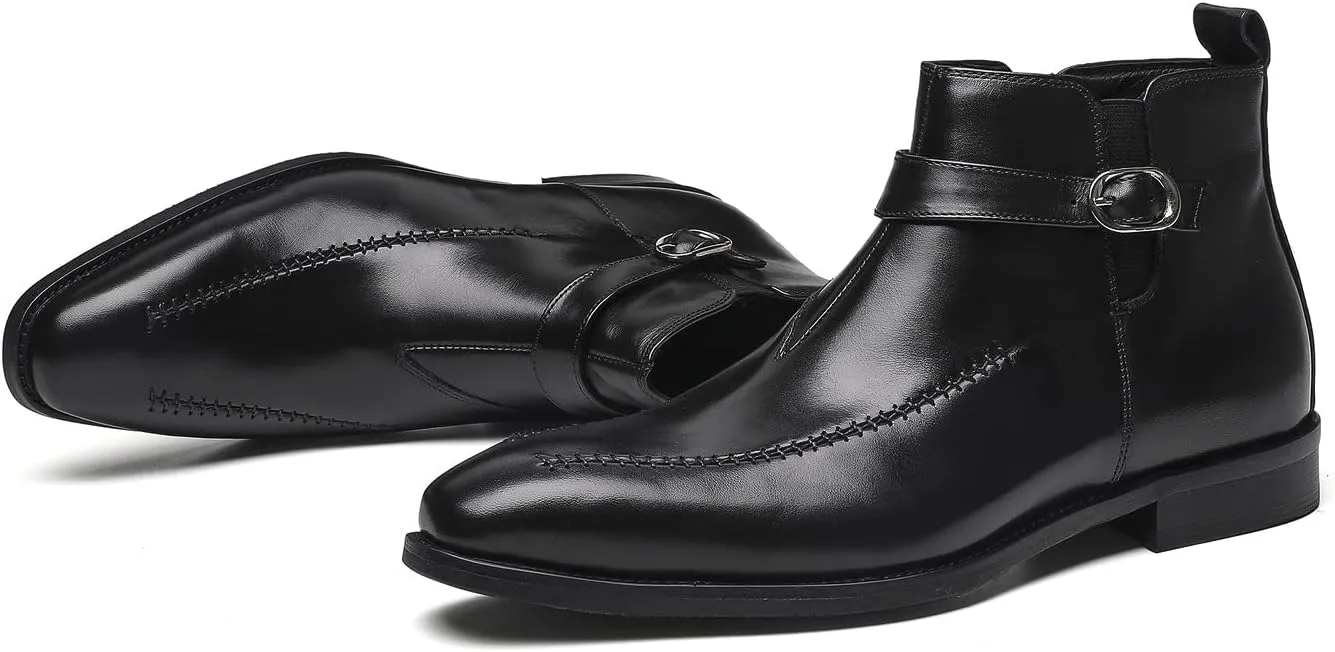 Santimon Men's Chelsea Ankle Dress Leather Buckle Strap Monk Boots Black Brown