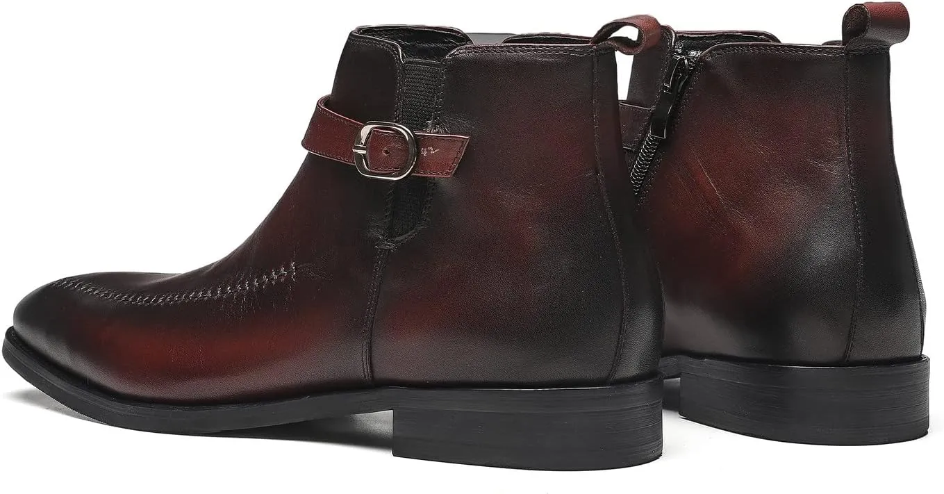 Santimon Men's Chelsea Ankle Dress Leather Buckle Strap Monk Boots Black Brown